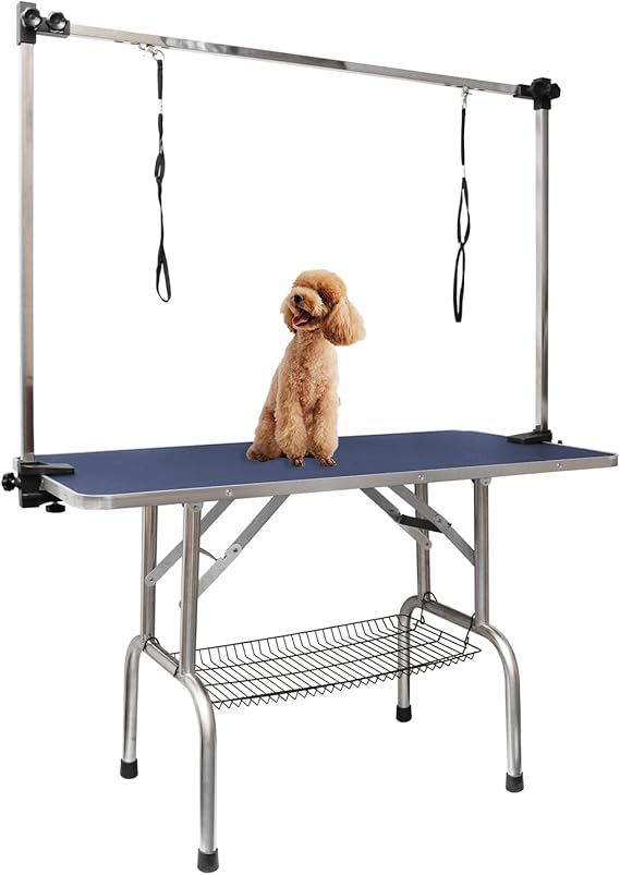 LOVMOR 46" Dog Grooming Table,Foldable Home Pet Bathing Station with Adjustable Height Arm/Noose/Mesh Tray