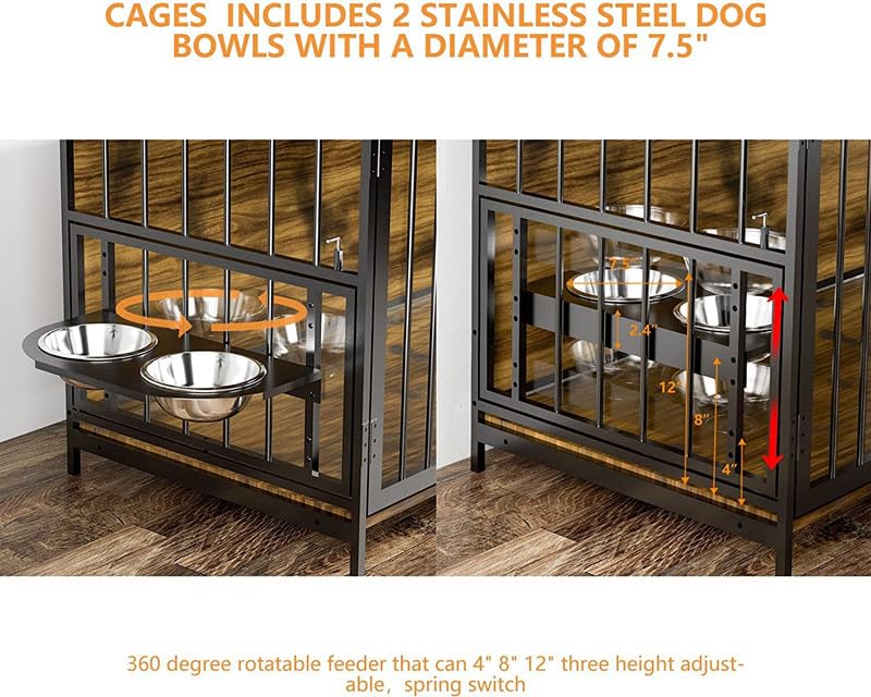 Furniture Style Large Dog Cage with Adjustable Raised Feeder Large