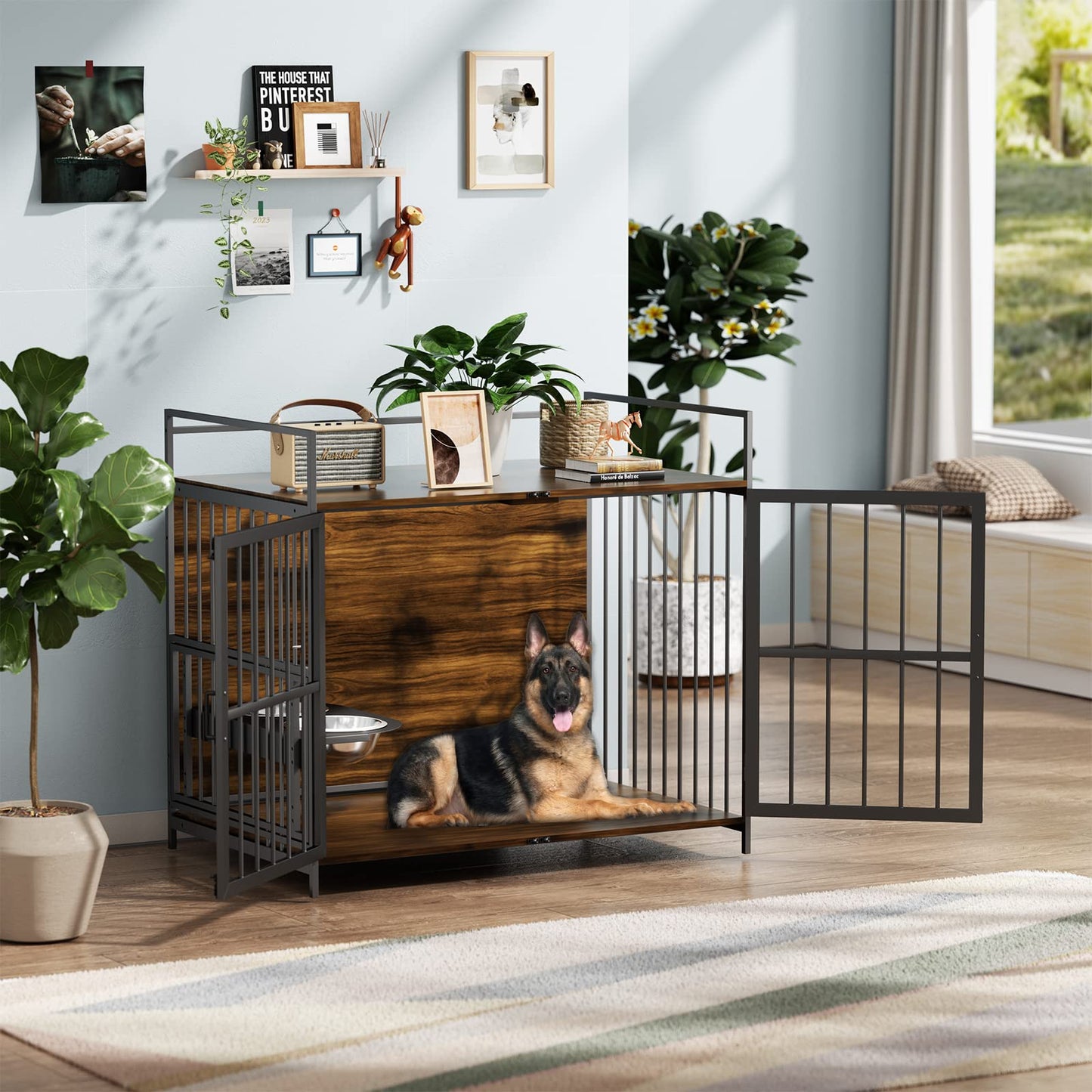 Furniture Style Large Dog Cage with Adjustable Raised Feeder Large