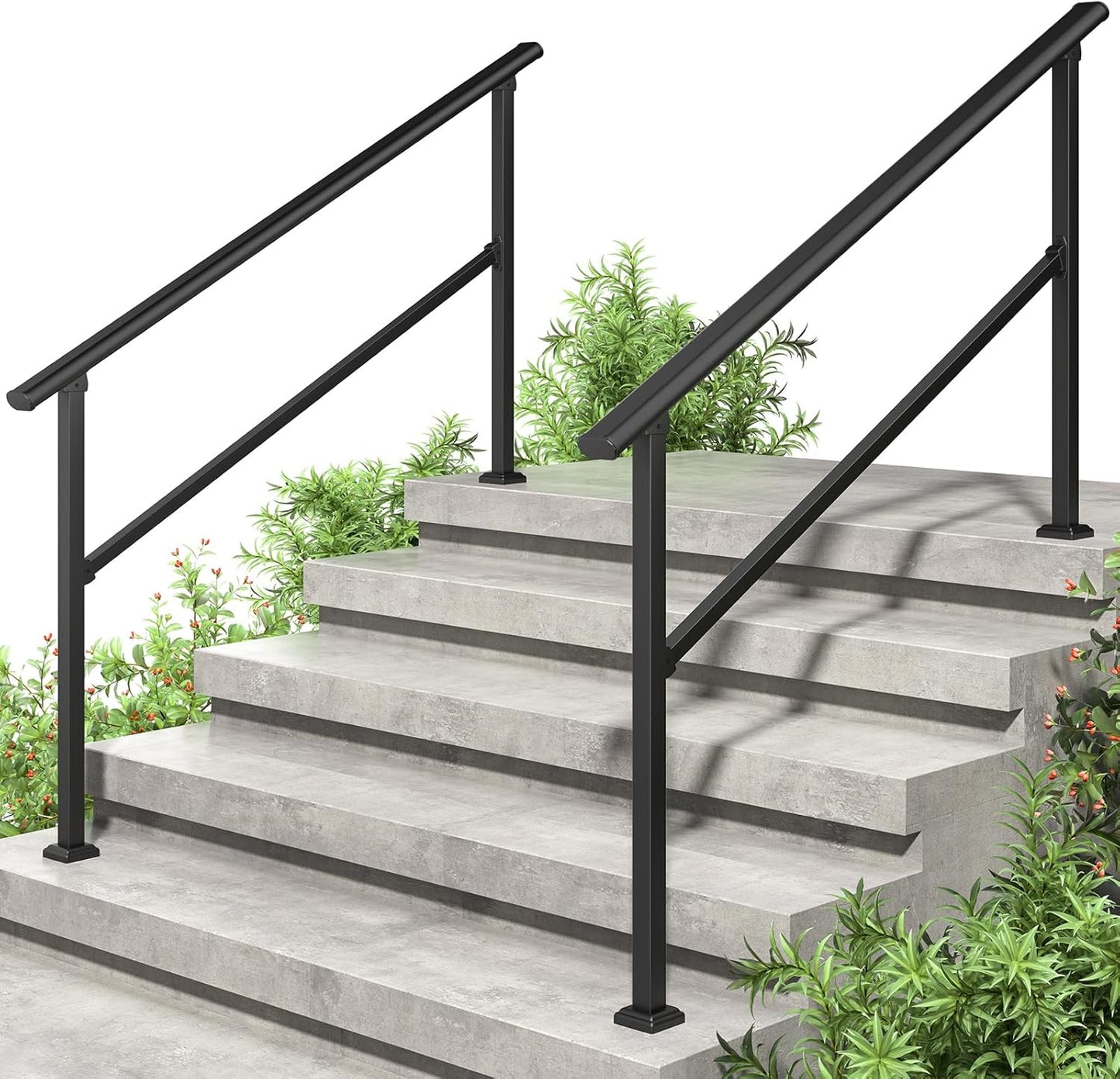 LOVMOR 2 Pack 2 Step Handrails for Outdoor Steps, Safety Outdoor Hand Rails for Exterior Steps, Black Wrought Iron Stair Railing Kit (1-2 Steps Handrail)