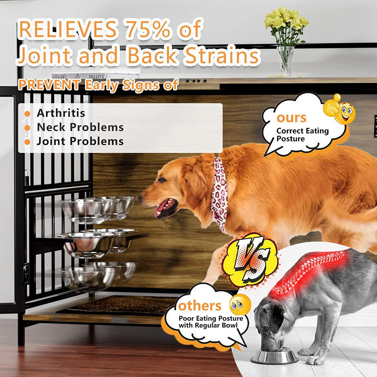 Furniture Style Large Dog Cage with Adjustable Raised Feeder Large
