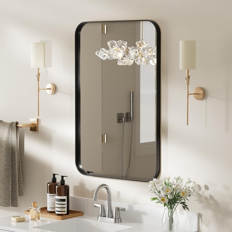 Lovmor Gold Bathroom Mirrors for Wall, 20X30 Inch Rounded Rectangle Mirror, Gold Bathroom Vanity Mirror, Metal Framed Wall-Mounted Mirror,Tempered Glass,（Horizontally or Vertically