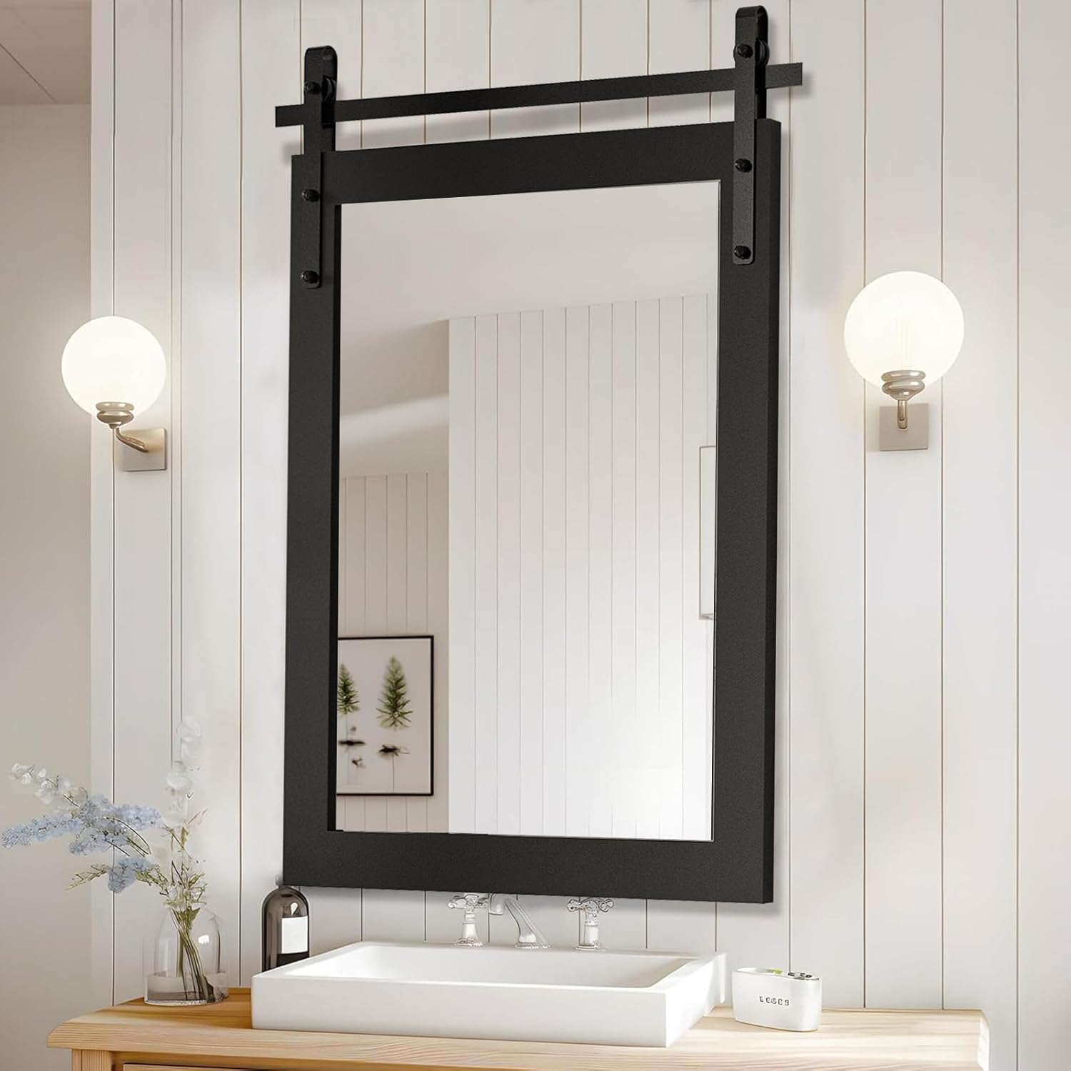 Farmhouse Mirror, Rustic Mirror 26X40 Inch Rustic Wood Framed Wall Mirror Rectangle Decorative Mirror for Bathroom, Living Room, Entryway, Bedroom Wall Decor (White)