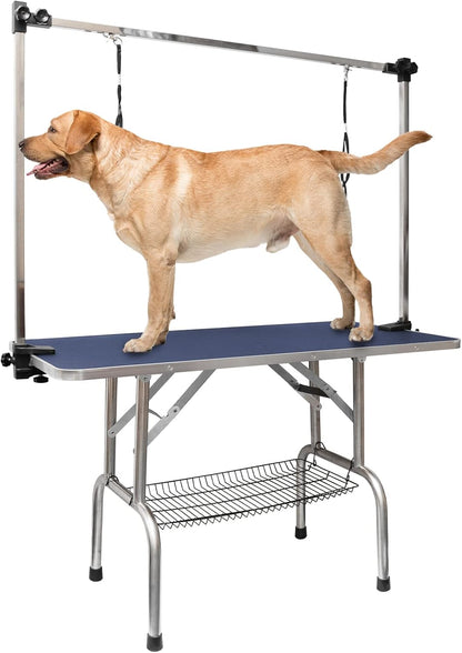 LOVMOR  46" Dog Grooming Table,Foldable Home Pet Bathing Station with Adjustable Height Arm/Noose/Mesh Tray