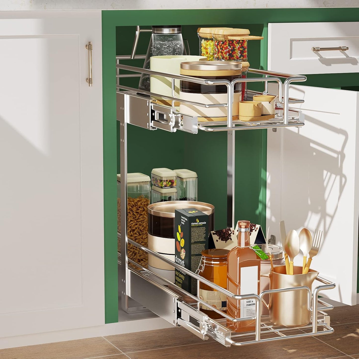 LOVMOR 2 Tier Individual Pull Out Cabinet Organizer 30" W x 21½" D, Slide Out Kitchen Cabinet Storage Sliding Shelves