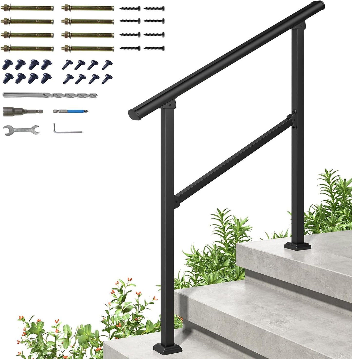 Hausvita LOVMOR 2 Pack 2 Step Handrails for Outdoor Steps, Safety Outdoor Hand Rails for Exterior Steps, Black Wrought Iron Stair Railing Kit (1-2 Steps Handrail)