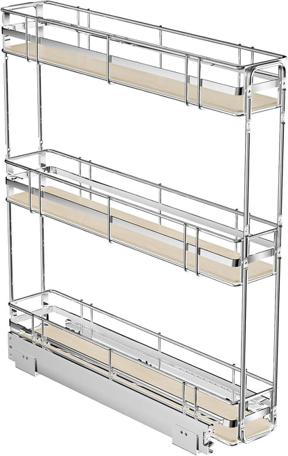 LOVMOR 3-Tier Pull Out Cabinet Organizer Spice Rack for Narrow Cabinet 6" W x 20½" D, Slide Out Wood Shelves Storage for Kitchen