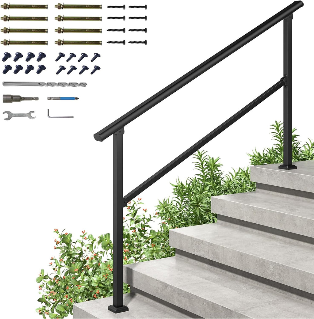 LOVMOR 2 Pack 2 Step Handrails for Outdoor Steps, Safety Outdoor Hand Rails for Exterior Steps, Black Wrought Iron Stair Railing Kit (1-2 Steps Handrail)