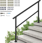 LOVMOR 2 Pack 2 Step Handrails for Outdoor Steps, Safety Outdoor Hand Rails for Exterior Steps, Black Wrought Iron Stair Railing Kit (1-2 Steps Handrail)