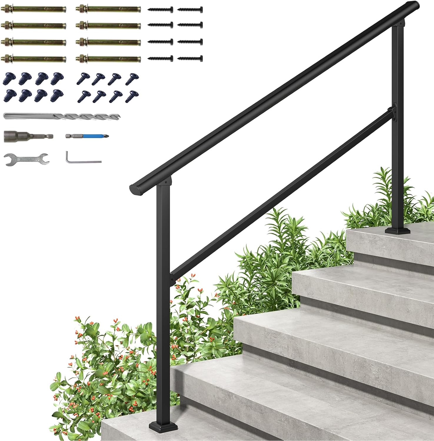 LOVMOR 2 Pack 2 Step Handrails for Outdoor Steps, Safety Outdoor Hand Rails for Exterior Steps, Black Wrought Iron Stair Railing Kit (1-2 Steps Handrail)