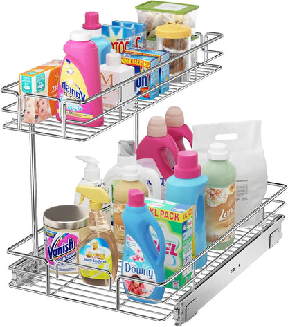 LOVMOR 2 Tier Pull Out Cabinet Organizer 10.5" W x 21.5" D Slide Out Under Sink Organizer Sliding Wire Shelves Storage for Kitchen Bathroom Cabinets