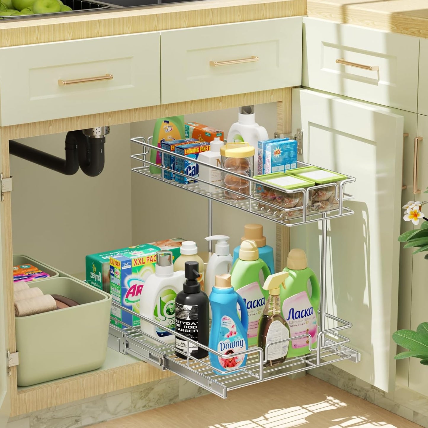 LOVMOR 2 Tier Pull Out Cabinet Organizer 10.5" W x 21.5" D Slide Out Under Sink Organizer Sliding Wire Shelves Storage for Kitchen Bathroom Cabinets