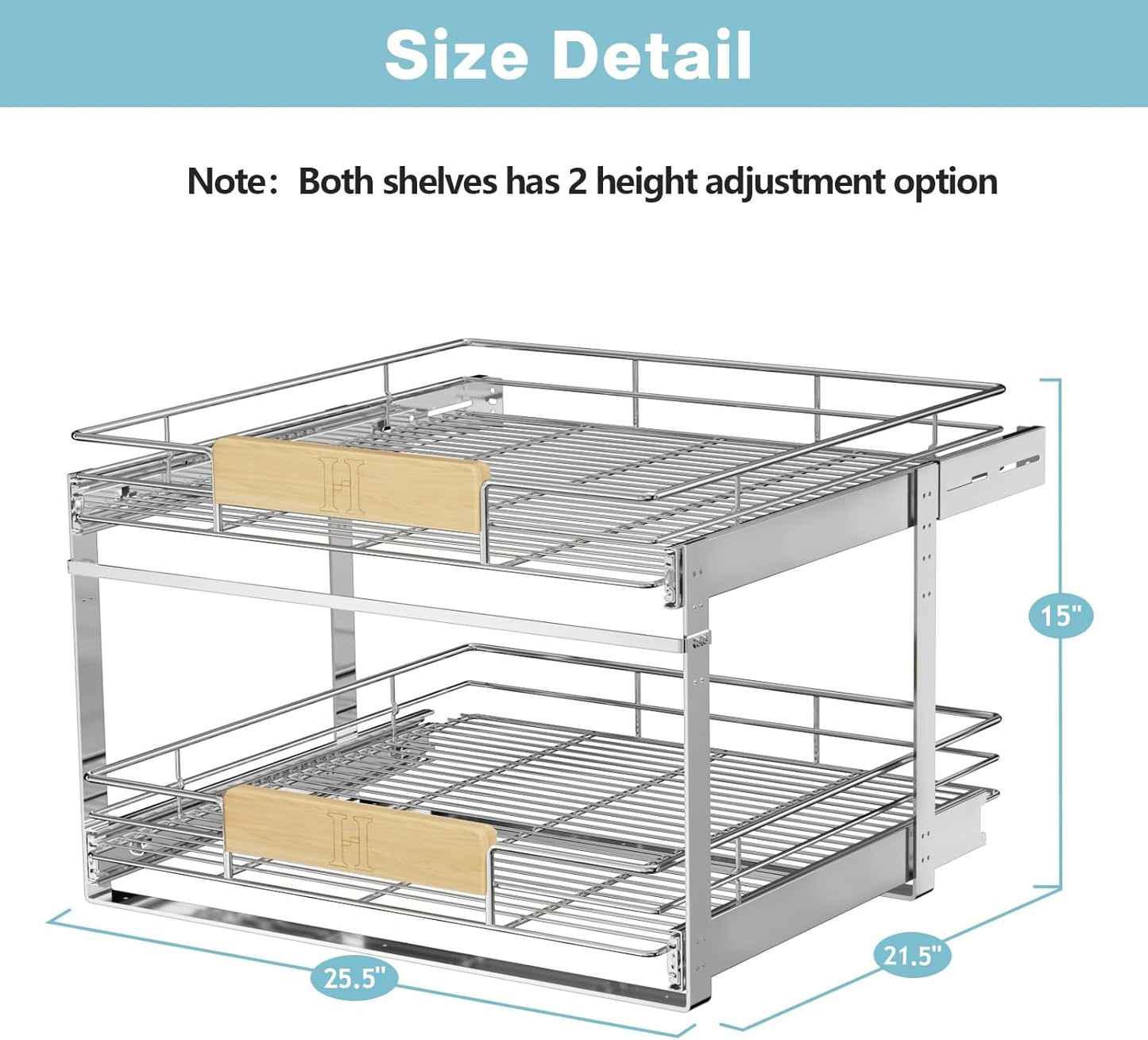 LOVMOR 2 Tier Pull Out Cabinet Organizer 10½" W x 21½" D, Slide Out Drawers with Wooden Handle, Sliding Shelves Organization and Storage for Kitchen, Pantry