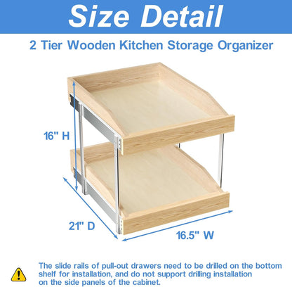 LOVMOR 2 Tier Pull Out Cabinet Organizer, Double Tier Slide Out Wood Cabinet Organizer with U Bracket, Pull Out Drawers for Base Cabinet Organization in Kitchen, Pantry(13½"W x 21" D)