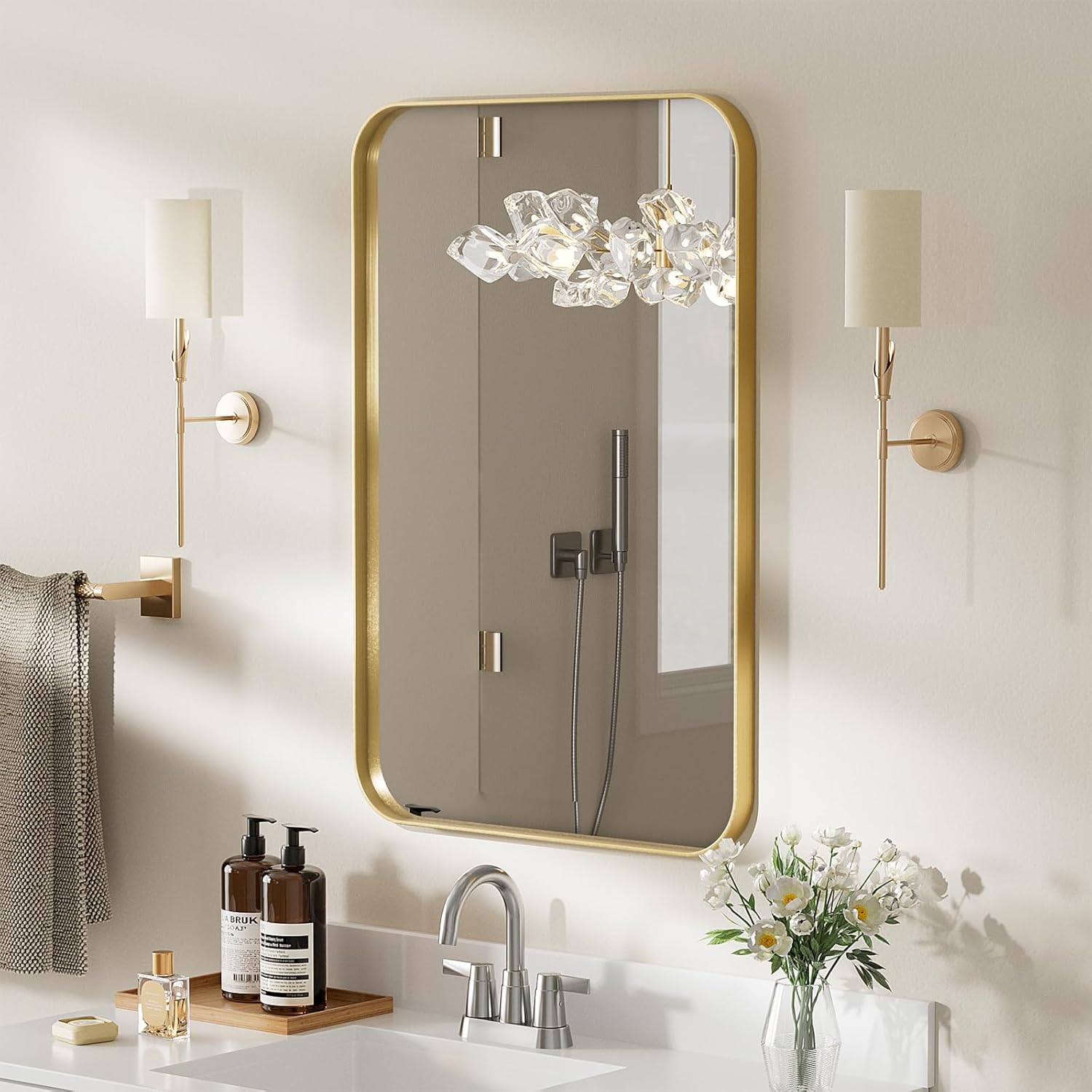 Lovmor Gold Bathroom Mirrors for Wall, 20X30 Inch Rounded Rectangle Mirror, Gold Bathroom Vanity Mirror, Metal Framed Wall-Mounted Mirror,Tempered Glass,（Horizontally or Vertically