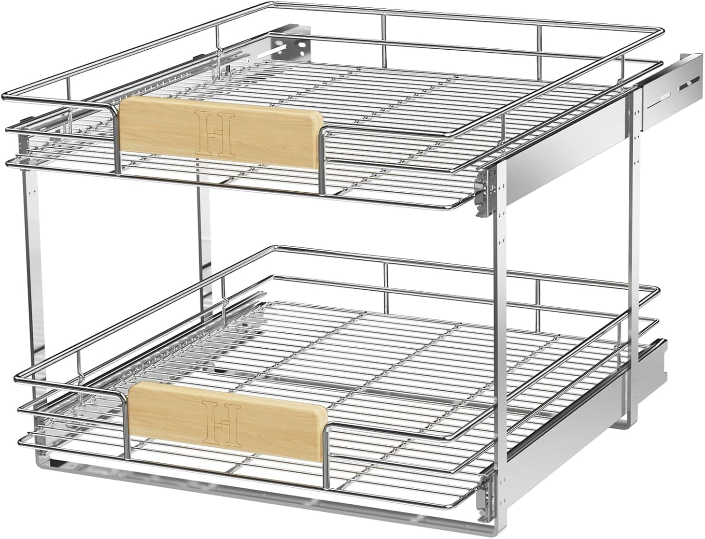 LOVMOR 2 Tier Pull Out Cabinet Organizer 10½" W x 21½" D, Slide Out Drawers with Wooden Handle, Sliding Shelves Organization and Storage for Kitchen, Pantry