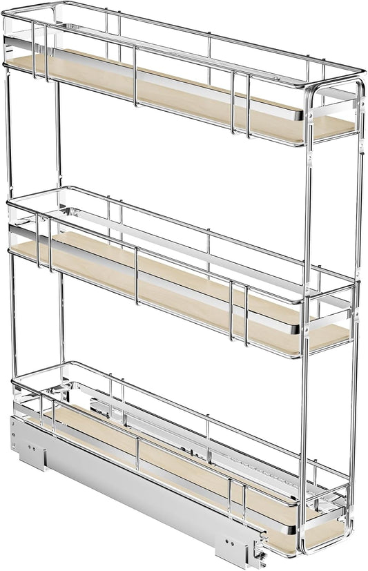 LOVMOR 3-Tier Pull Out Cabinet Organizer Spice Rack for Narrow Cabinet 6" W x 20½" D, Slide Out Wood Shelves Storage for Kitchen