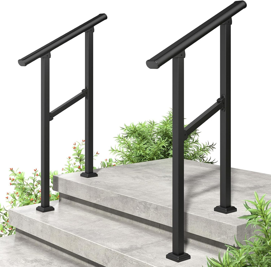 LOVMOR 2 Pack 2 Step Handrails for Outdoor Steps, Safety Outdoor Hand Rails for Exterior Steps, Black Wrought Iron Stair Railing Kit (1-2 Steps Handrail)