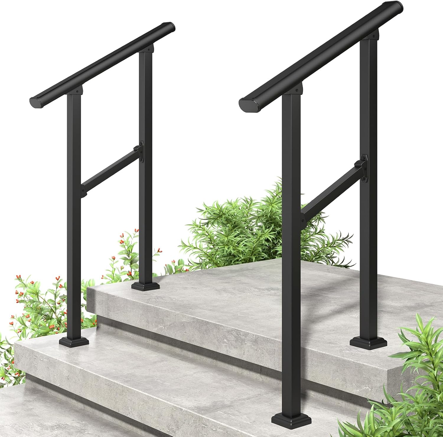 LOVMOR 2 Pack 2 Step Handrails for Outdoor Steps, Safety Outdoor Hand Rails for Exterior Steps, Black Wrought Iron Stair Railing Kit (1-2 Steps Handrail)