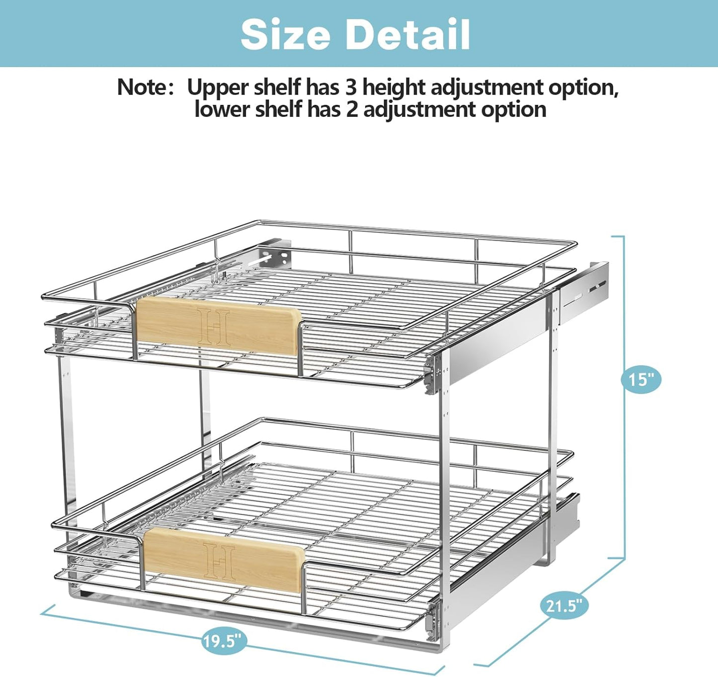 LOVMOR 2 Tier Pull Out Cabinet Organizer 10½" W x 21½" D, Slide Out Drawers with Wooden Handle, Sliding Shelves Organization and Storage for Kitchen, Pantry