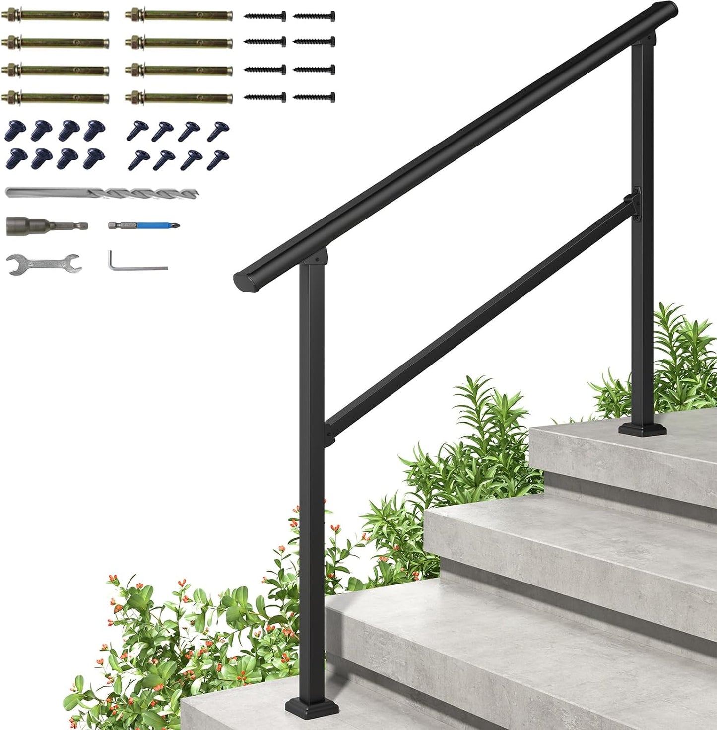 Hausvita LOVMOR 2 Pack 2 Step Handrails for Outdoor Steps, Safety Outdoor Hand Rails for Exterior Steps, Black Wrought Iron Stair Railing Kit (1-2 Steps Handrail)