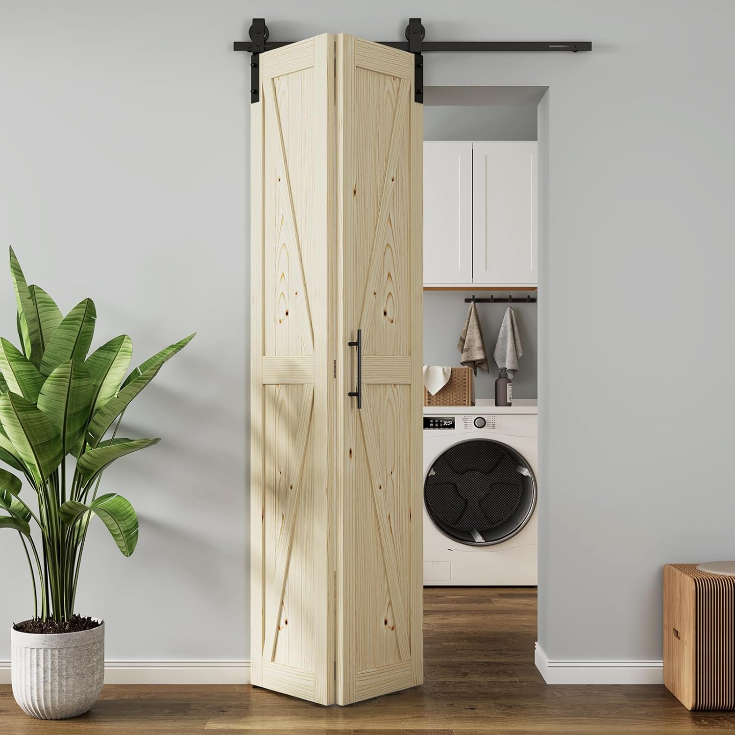 LOVMOR Bifold Barn Door,Bi-Fold Sliding Closet Doors,Pine,No Assembly Required,Without Hardware Kit