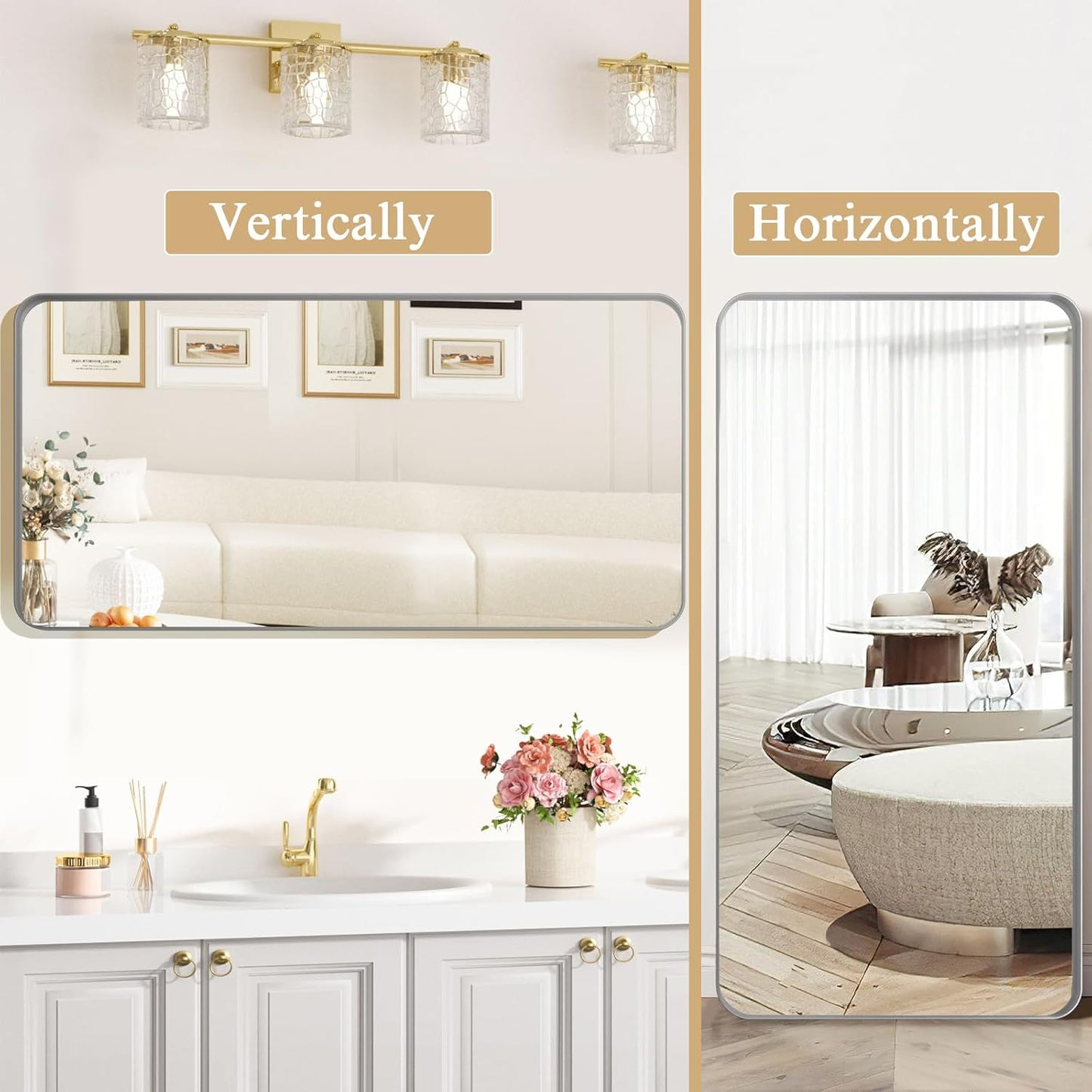 Hausvita LOVMOR Gold Bathroom Mirrors for Wall, 20X30 Inch Rounded Rectangle Mirror, Gold Bathroom Vanity Mirror, Metal Framed Wall-Mounted Mirror,Tempered Glass,（Horizontally or Vertically