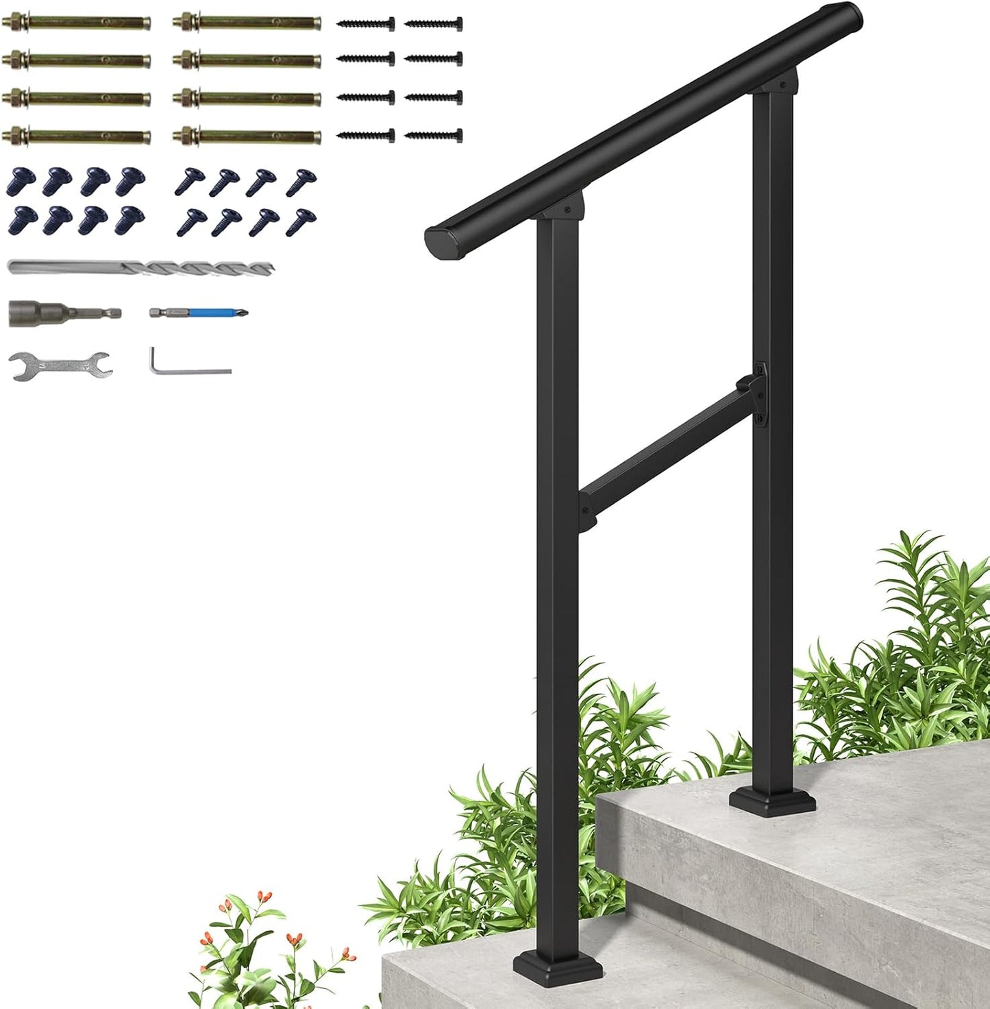 Hausvita LOVMOR 2 Pack 2 Step Handrails for Outdoor Steps, Safety Outdoor Hand Rails for Exterior Steps, Black Wrought Iron Stair Railing Kit (1-2 Steps Handrail)