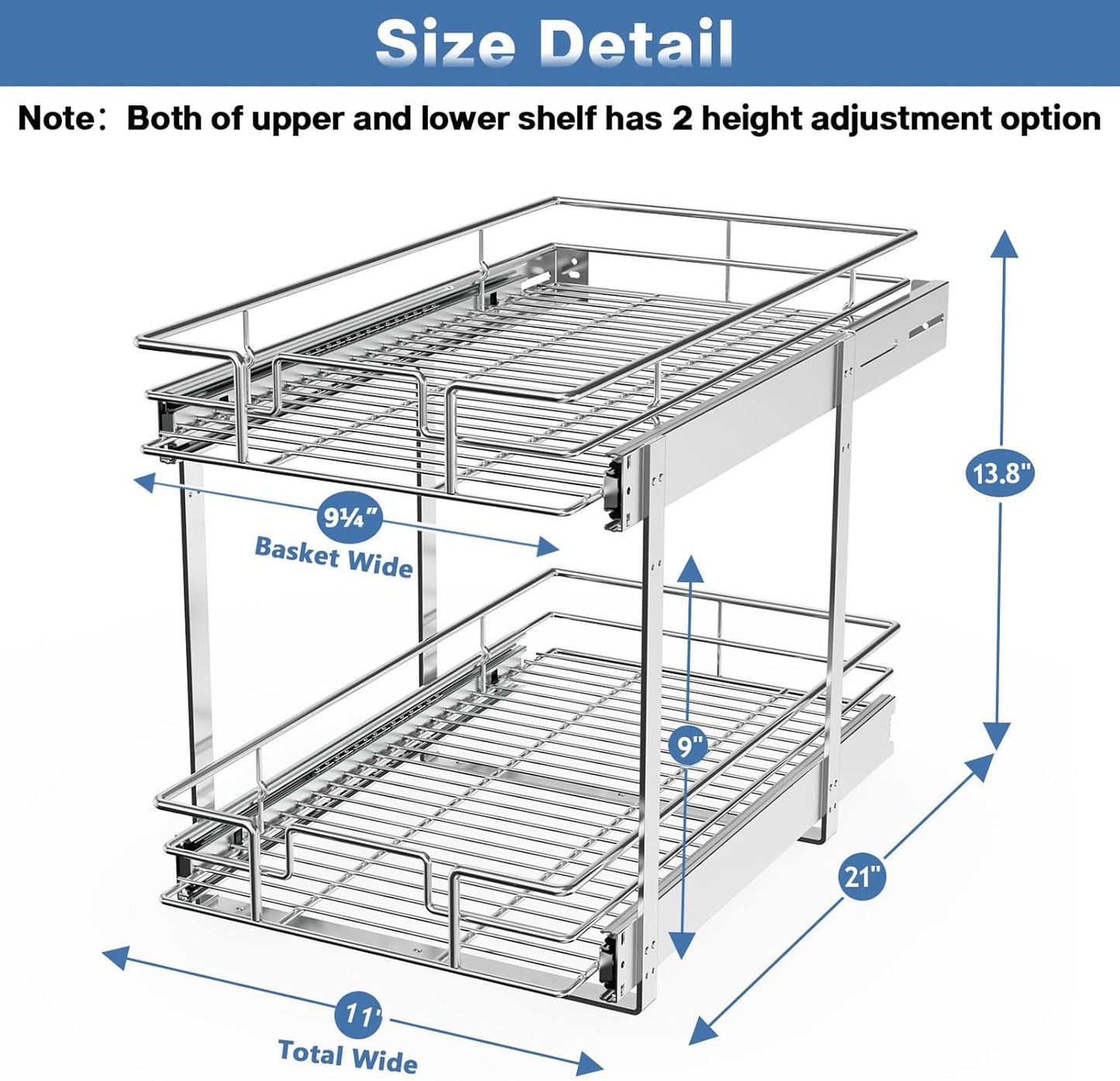 LOVMOR 2 Tier Individual Pull Out Cabinet Organizer 11"W x 21"D, Slide Out Kitchen Cabinet Storage Sliding Shelves