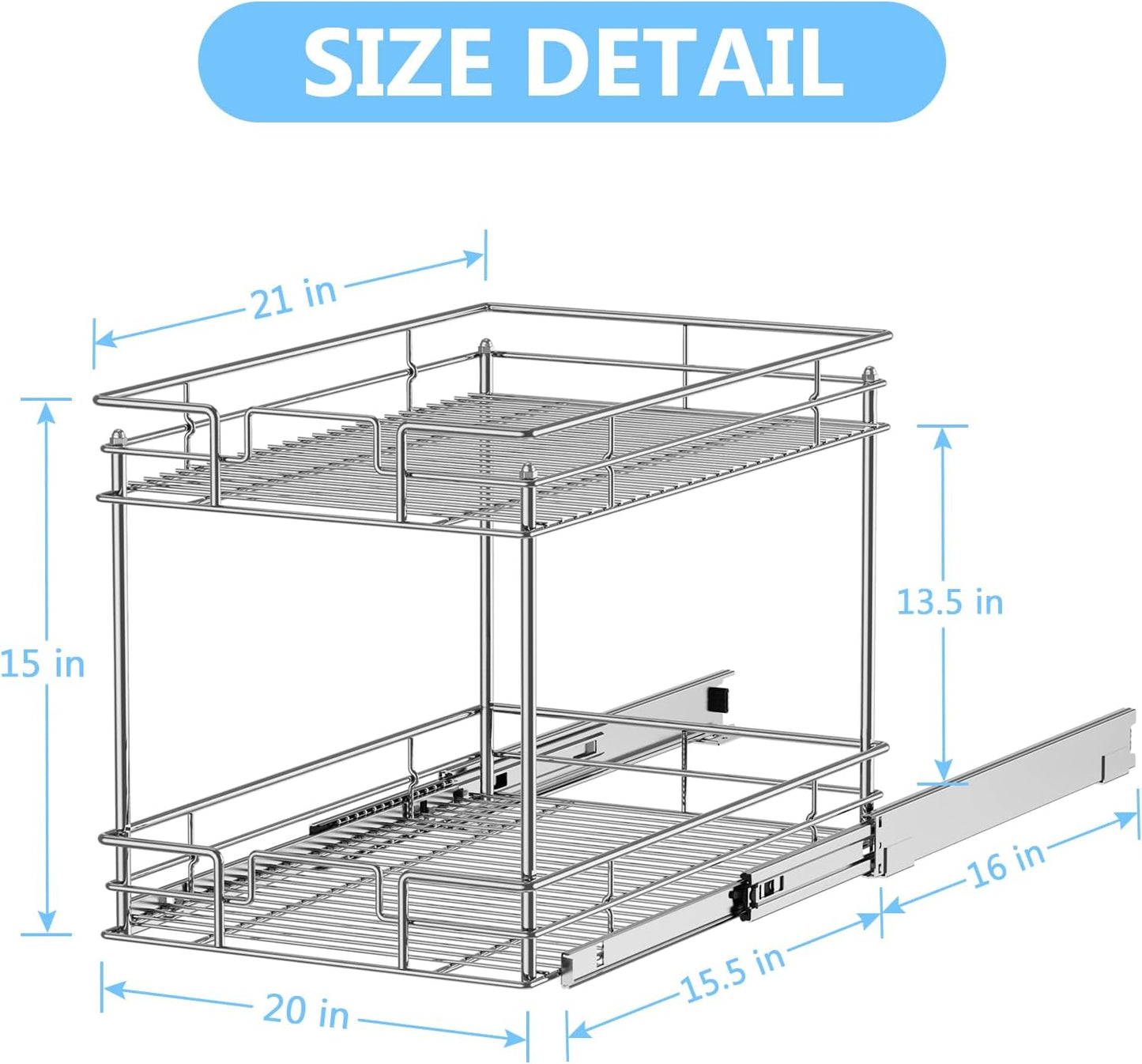 LOVMOR Cabinet Organizer, 2-Tier Pull Out Cabinet Organizers 14" W x 21" D, Pull Out Home Organizers Chrome Pull Out Drawer for Base Cabinet Silver