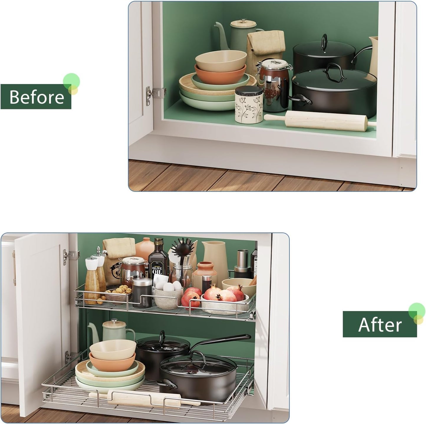 LOVMOR 2 Tier Individual Pull Out Cabinet Organizer 30" W x 21½" D, Slide Out Kitchen Cabinet Storage Sliding Shelves