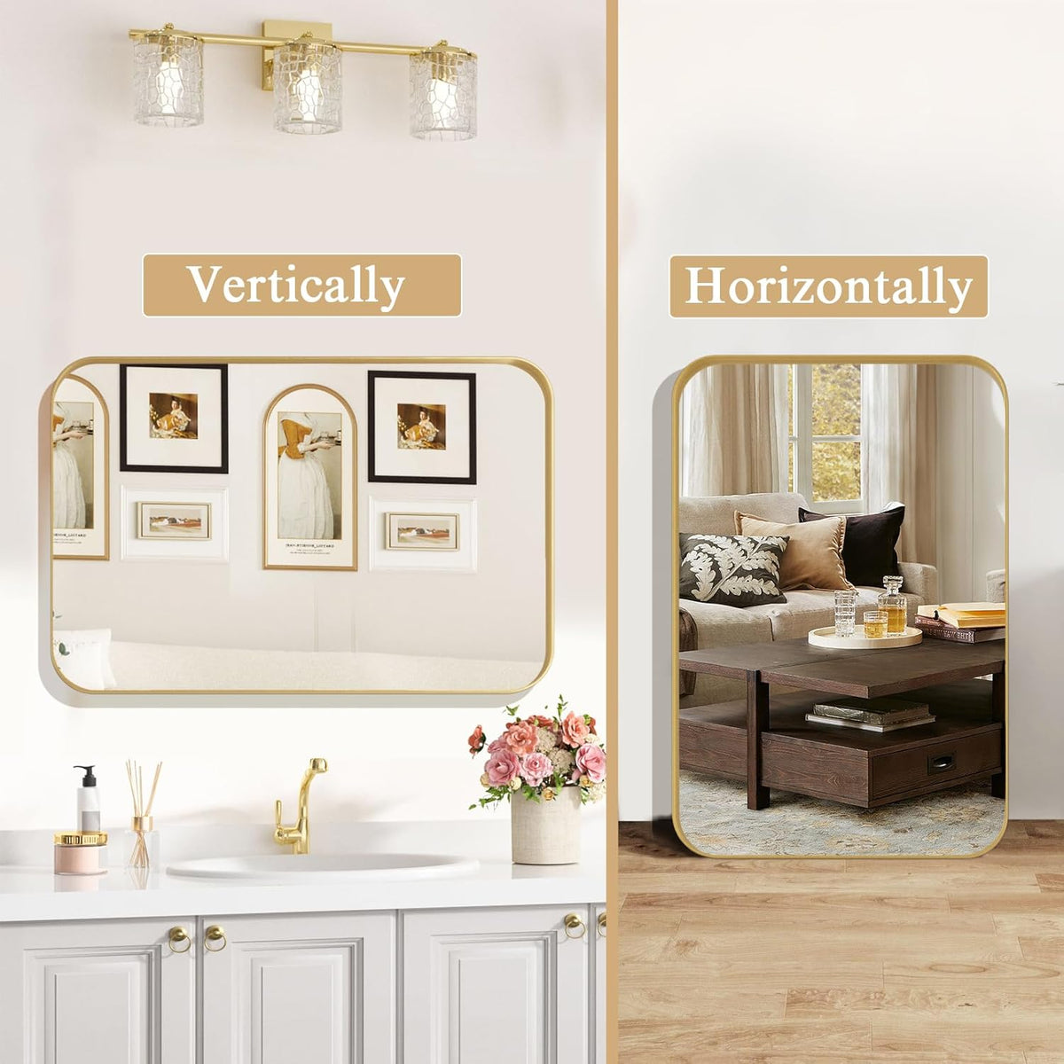 Lovmor Gold Bathroom Mirrors for Wall, 20X30 Inch Rounded Rectangle Mirror, Gold Bathroom Vanity Mirror, Metal Framed Wall-Mounted Mirror,Tempered Glass,（Horizontally or Vertically