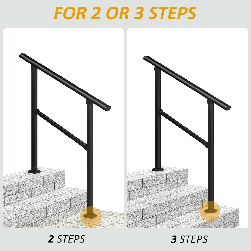 LOVMOR 2 Pack 2 Step Handrails for Outdoor Steps, Safety Outdoor Hand Rails for Exterior Steps, Black Wrought Iron Stair Railing Kit (1-2 Steps Handrail)