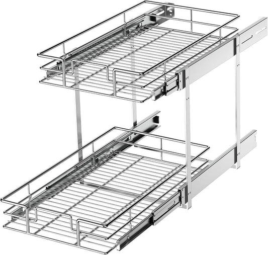 LOVMOR 2 Tier Individual Pull Out Cabinet Organizer 11"W x 21"D, Slide Out Kitchen Cabinet Storage Sliding Shelves