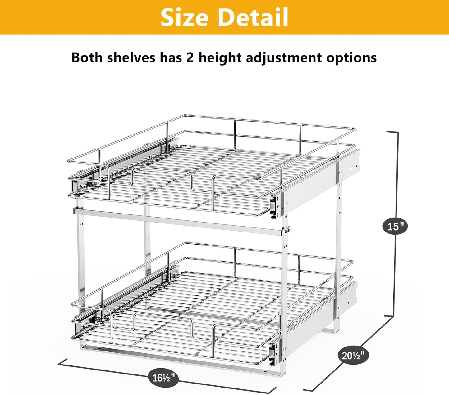 LOVMOR Slide Out Cabinet Organizer for Kitchen, 2 Tier Pull Out Shelves Sliding Cabinet Organizer and Storage, Chrome (16.5" W x 20.5" D)