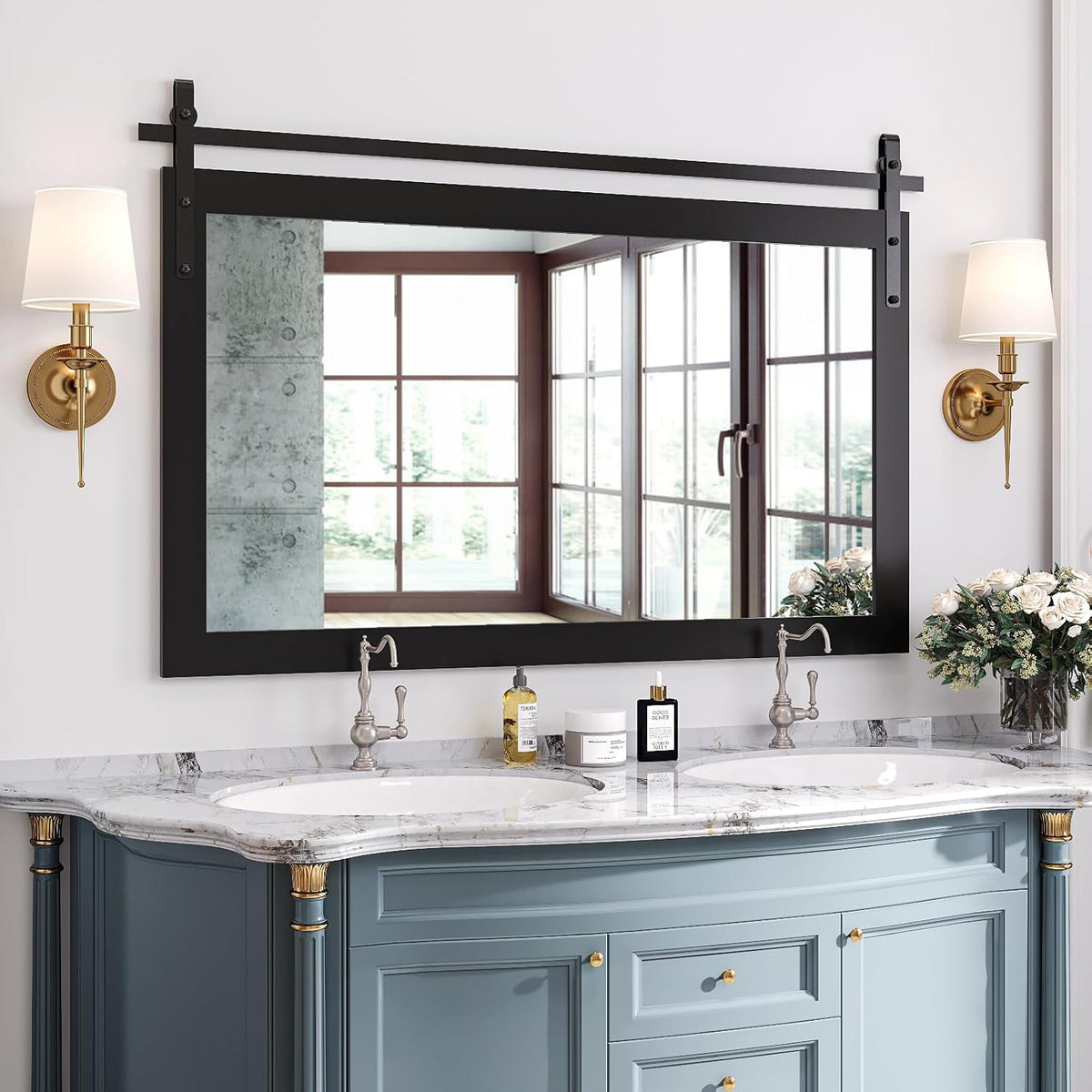 Farmhouse Mirror, Rustic Mirror 26X40 Inch Rustic Wood Framed Wall Mirror Rectangle Decorative Mirror for Bathroom, Living Room, Entryway, Bedroom Wall Decor (White)