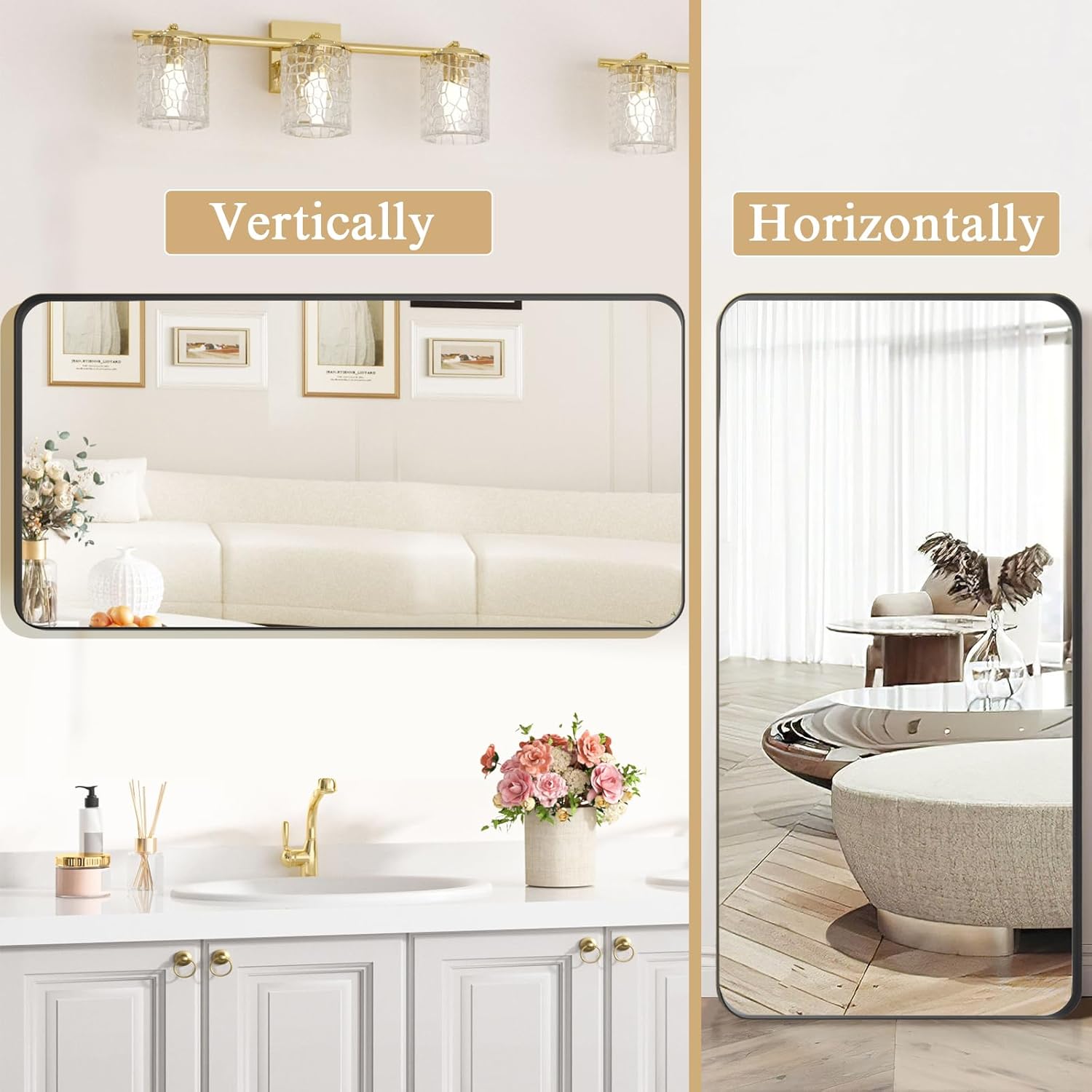 Lovmor Gold Bathroom Mirrors for Wall, 20X30 Inch Rounded Rectangle Mirror, Gold Bathroom Vanity Mirror, Metal Framed Wall-Mounted Mirror,Tempered Glass,（Horizontally or Vertically