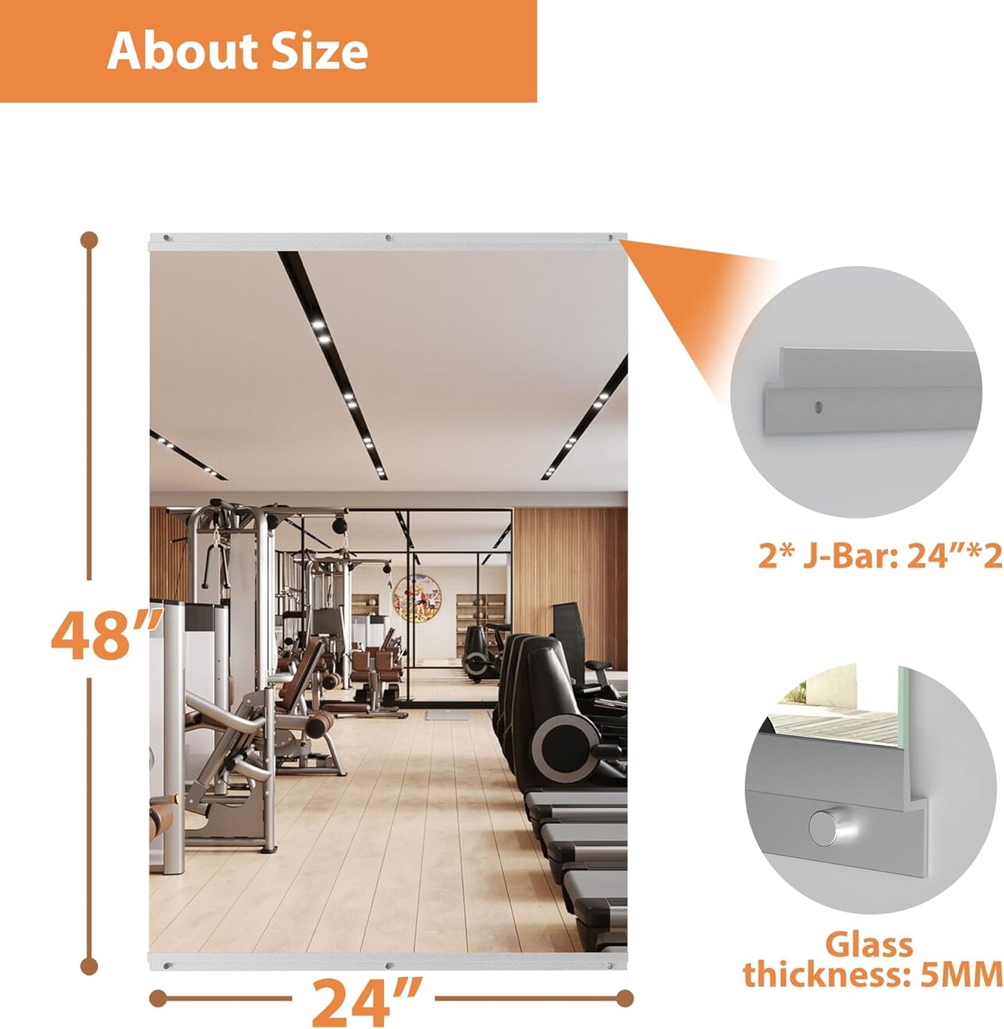 Hausvita Workout Mirrors for Home Gym 24'x48'', Large Wall Mirror Full Length for Fitness, Yoga, Big Wall Mounted Frameless Glass Mirror for Garage, Dance Studio, Bedroom