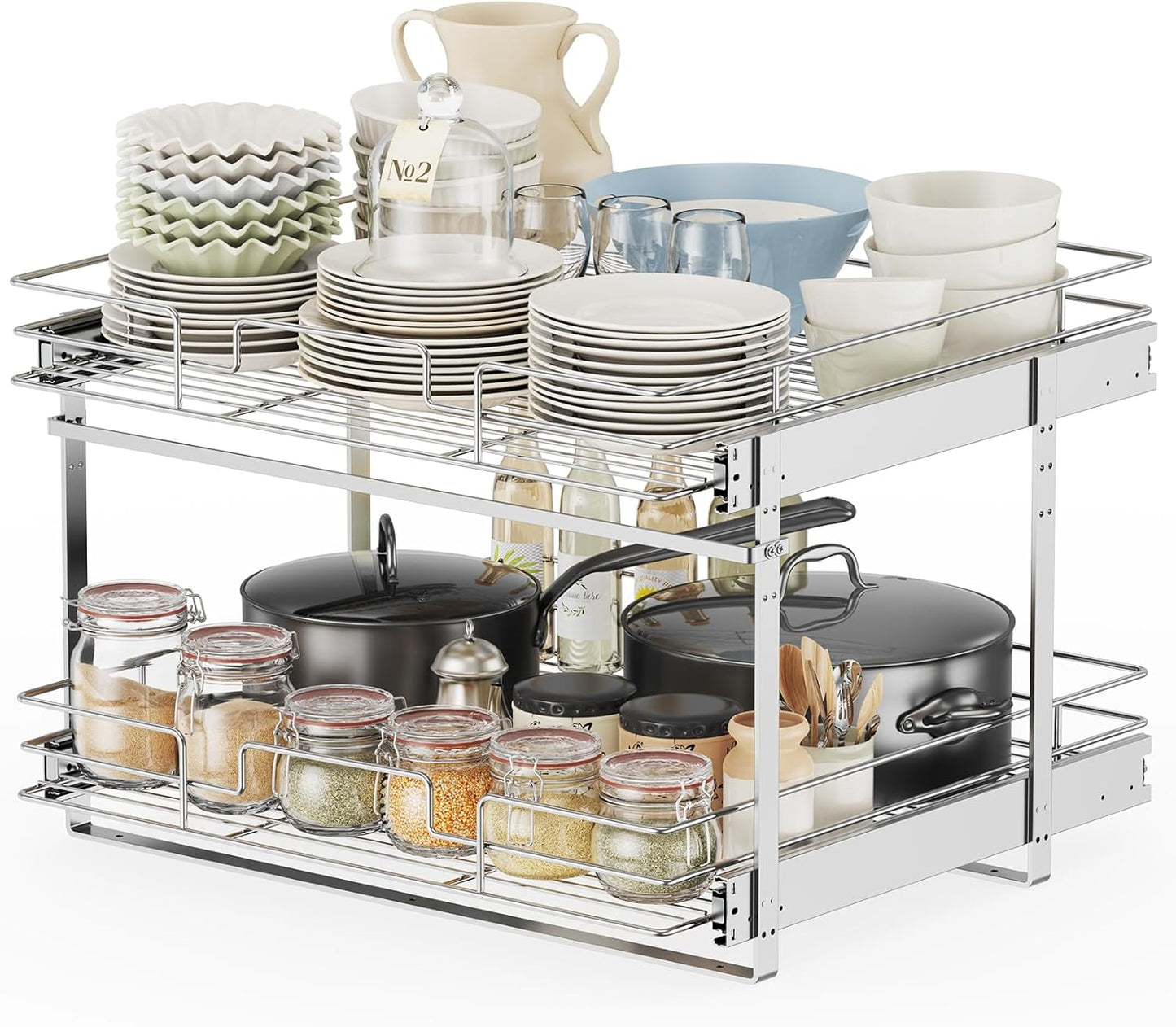 LOVMOR Slide Out Cabinet Organizer for Kitchen, 2 Tier Pull Out Shelves Sliding Cabinet Organizer and Storage, Chrome (16.5" W x 20.5" D)