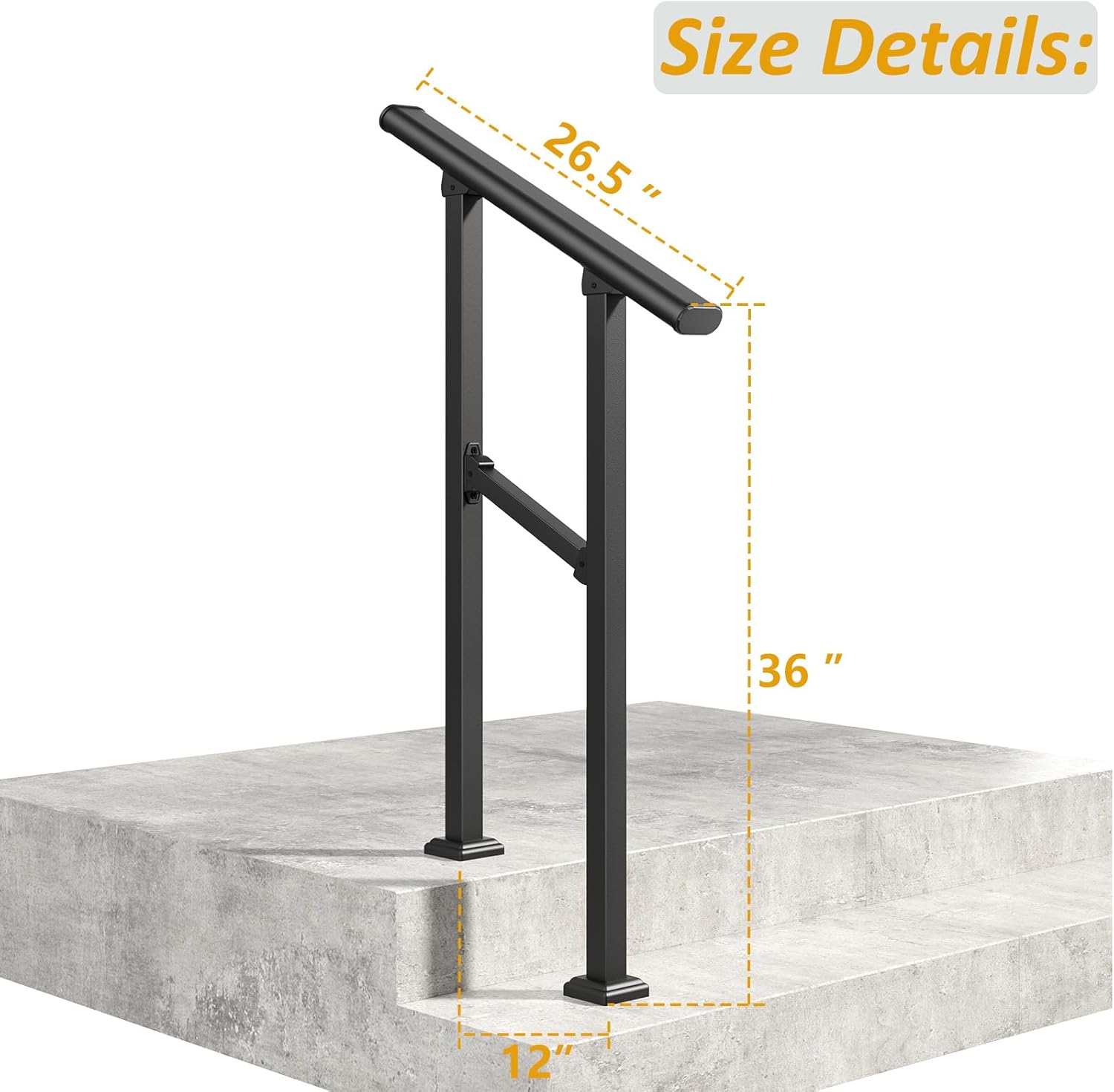 LOVMOR 2 Pack 2 Step Handrails for Outdoor Steps, Safety Outdoor Hand Rails for Exterior Steps, Black Wrought Iron Stair Railing Kit (1-2 Steps Handrail)