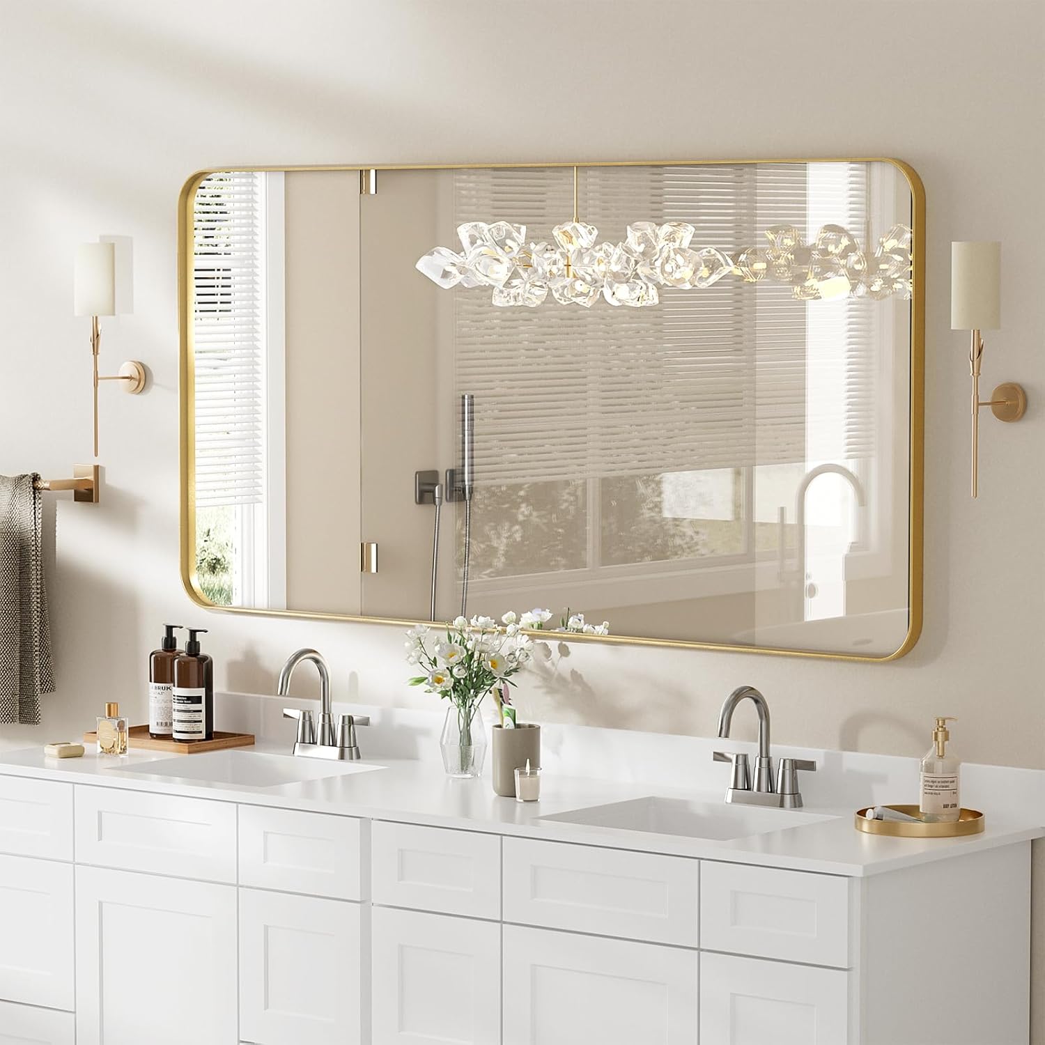 Lovmor Gold Bathroom Mirrors for Wall, 20X30 Inch Rounded Rectangle Mirror, Gold Bathroom Vanity Mirror, Metal Framed Wall-Mounted Mirror,Tempered Glass,（Horizontally or Vertically