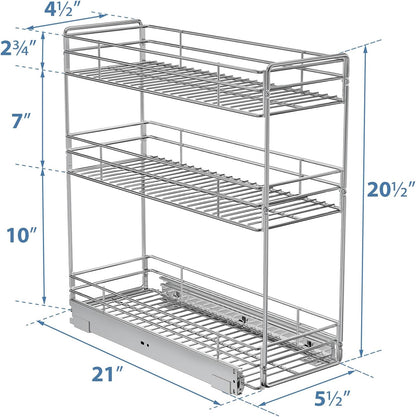 LOVMOR Pull Out Spice Rack for Narrow Cabinet (5½" W X 21" D),3 Tier Slide Out Cabinet Organizer and Pull Out Shelves Under Cabinet Storage for Kitchen, Chrome