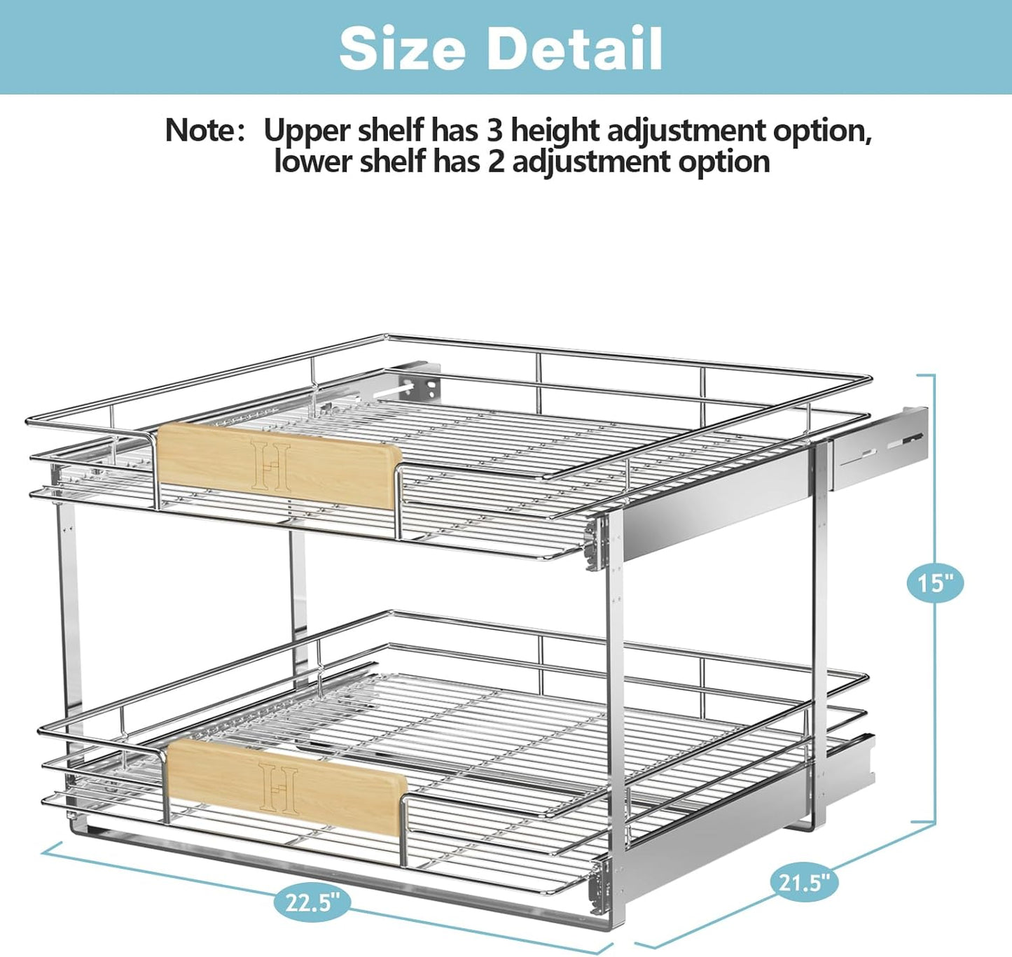 LOVMOR 2 Tier Pull Out Cabinet Organizer 10½" W x 21½" D, Slide Out Drawers with Wooden Handle, Sliding Shelves Organization and Storage for Kitchen, Pantry