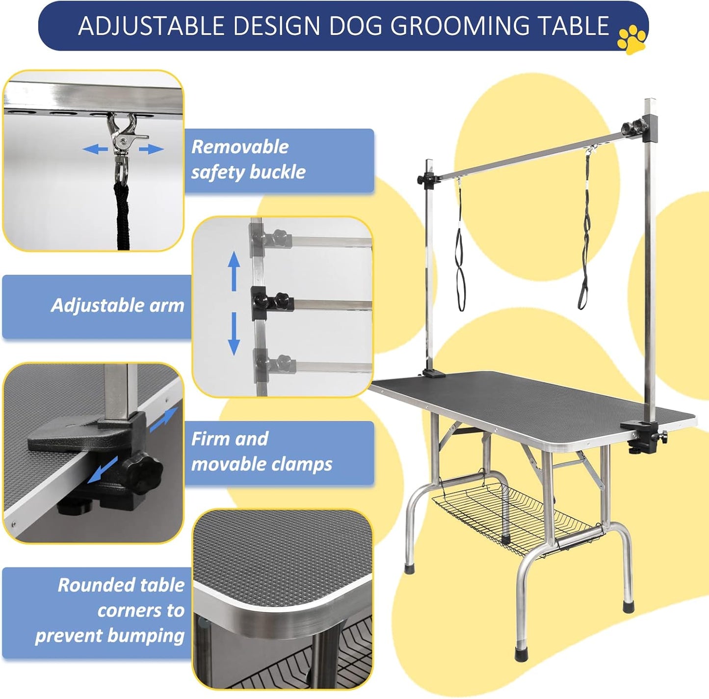 LOVMOR  46" Dog Grooming Table,Foldable Home Pet Bathing Station with Adjustable Height Arm/Noose/Mesh Tray