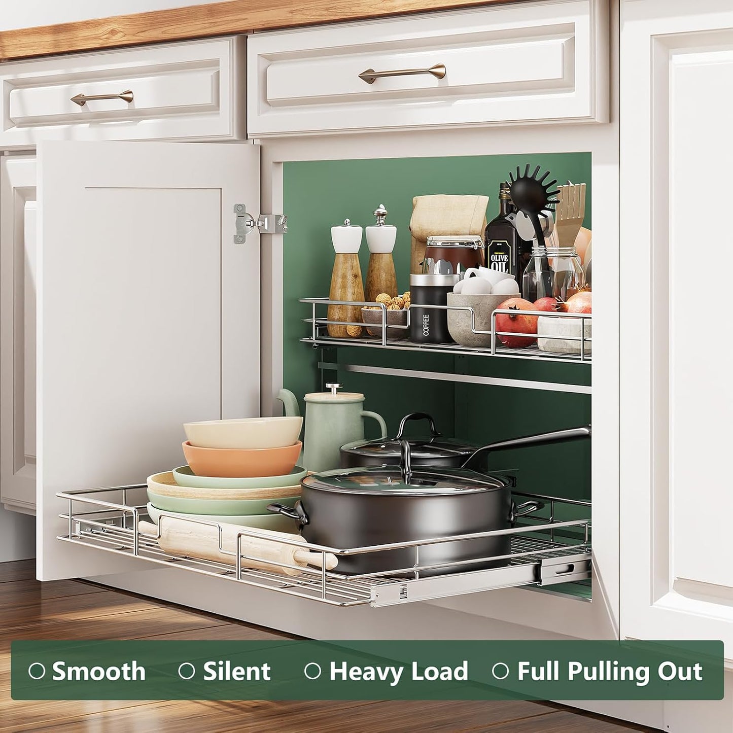 LOVMOR 2 Tier Individual Pull Out Cabinet Organizer 30" W x 21½" D, Slide Out Kitchen Cabinet Storage Sliding Shelves