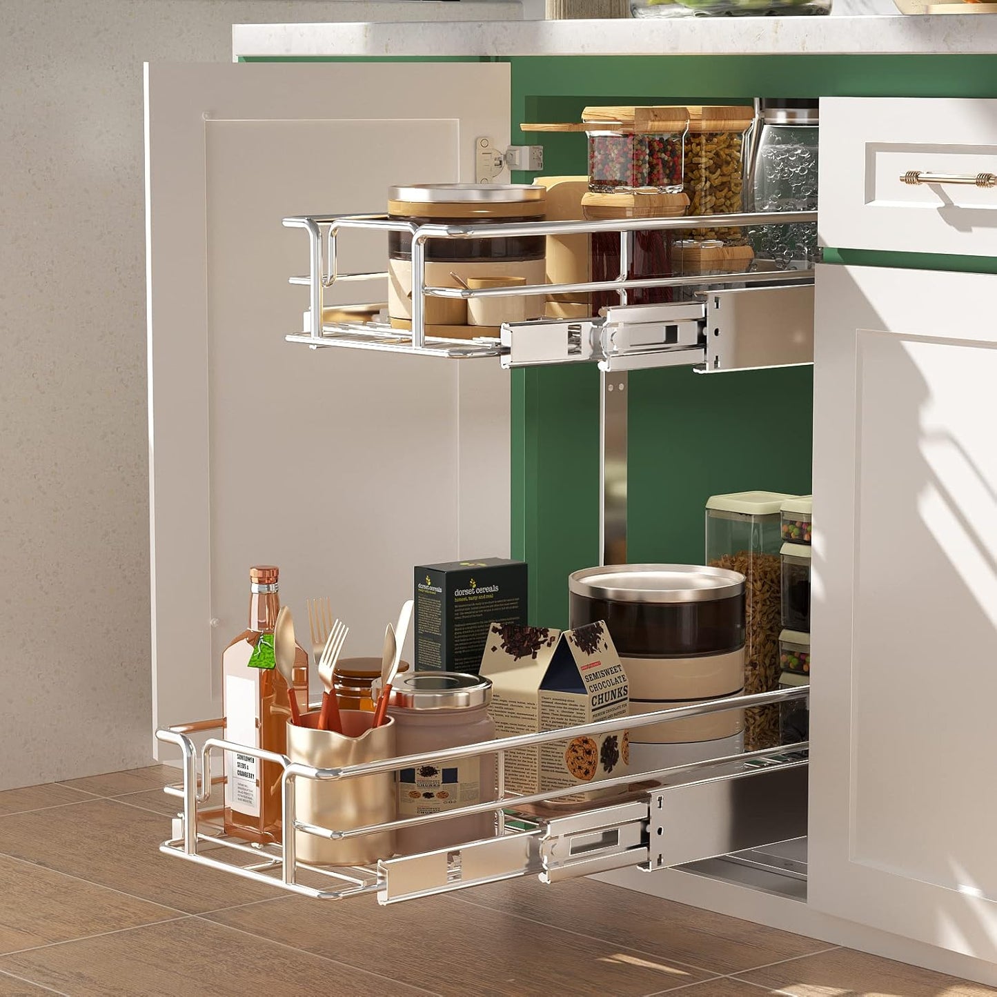 LOVMOR 2 Tier Individual Pull Out Cabinet Organizer 11"W x 21"D, Slide Out Kitchen Cabinet Storage Sliding Shelves