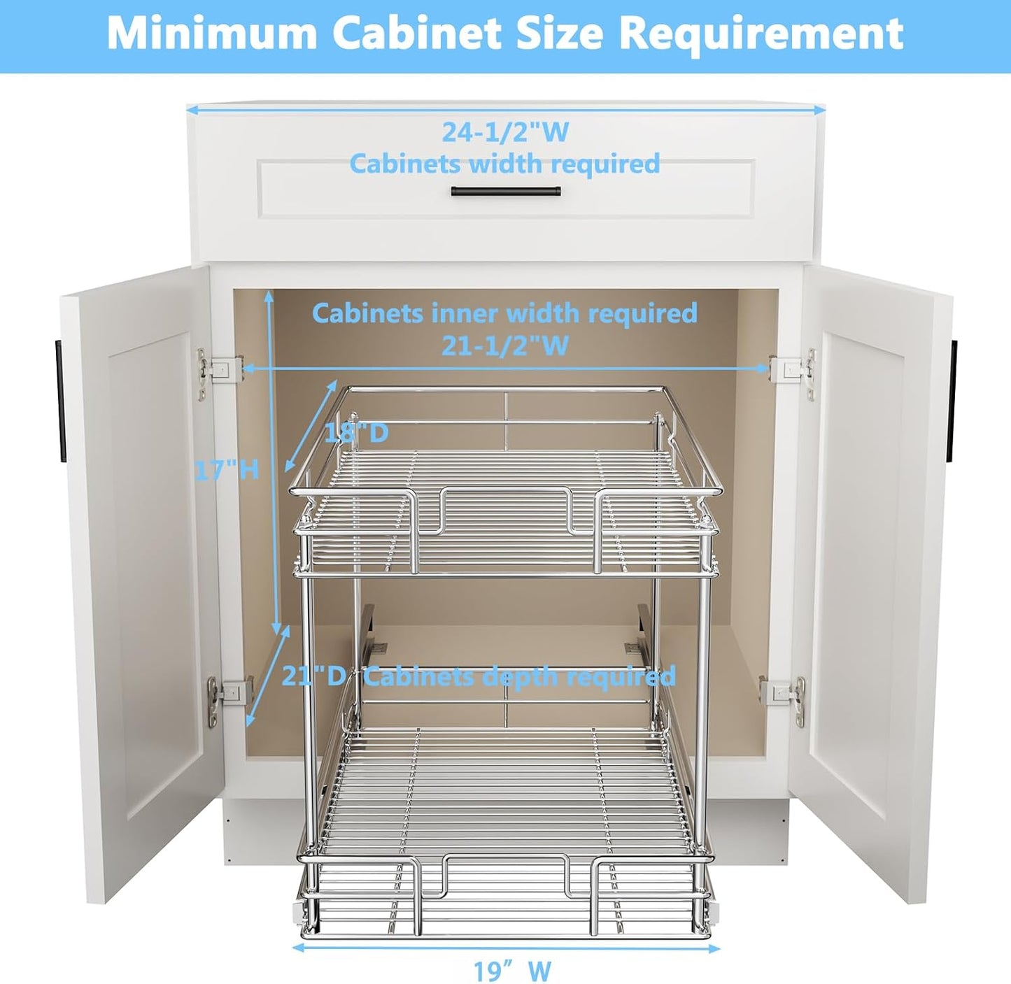 LOVMOR Cabinet Organizer, 2-Tier Pull Out Cabinet Organizers 14" W x 21" D, Pull Out Home Organizers Chrome Pull Out Drawer for Base Cabinet Silver