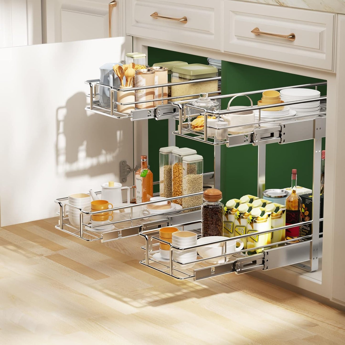 LOVMOR 2 Tier Individual Pull Out Cabinet Organizer 11"W x 21"D, Slide Out Kitchen Cabinet Storage Sliding Shelves