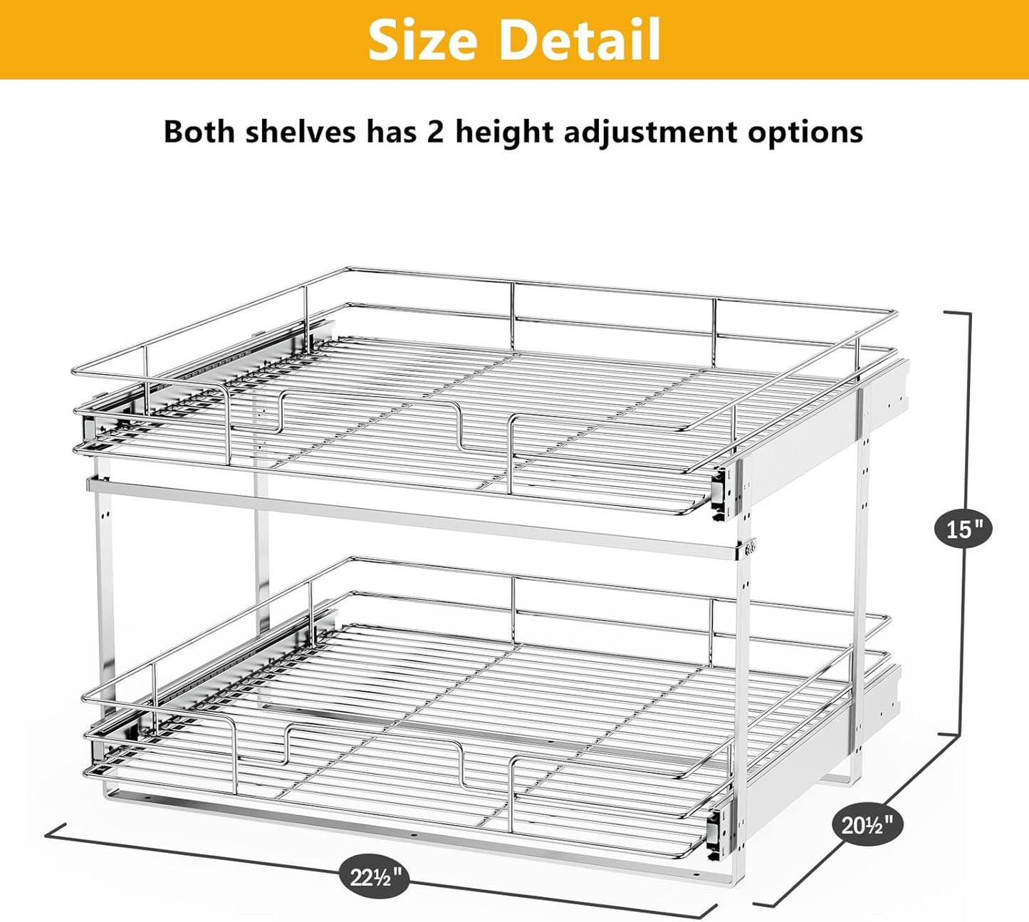 LOVMOR Slide Out Cabinet Organizer for Kitchen, 2 Tier Pull Out Shelves Sliding Cabinet Organizer and Storage, Chrome (16.5" W x 20.5" D)