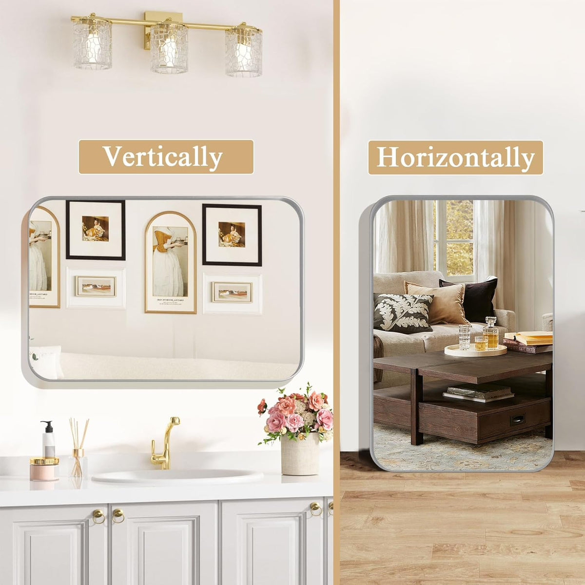 Lovmor Gold Bathroom Mirrors for Wall, 20X30 Inch Rounded Rectangle Mirror, Gold Bathroom Vanity Mirror, Metal Framed Wall-Mounted Mirror,Tempered Glass,（Horizontally or Vertically